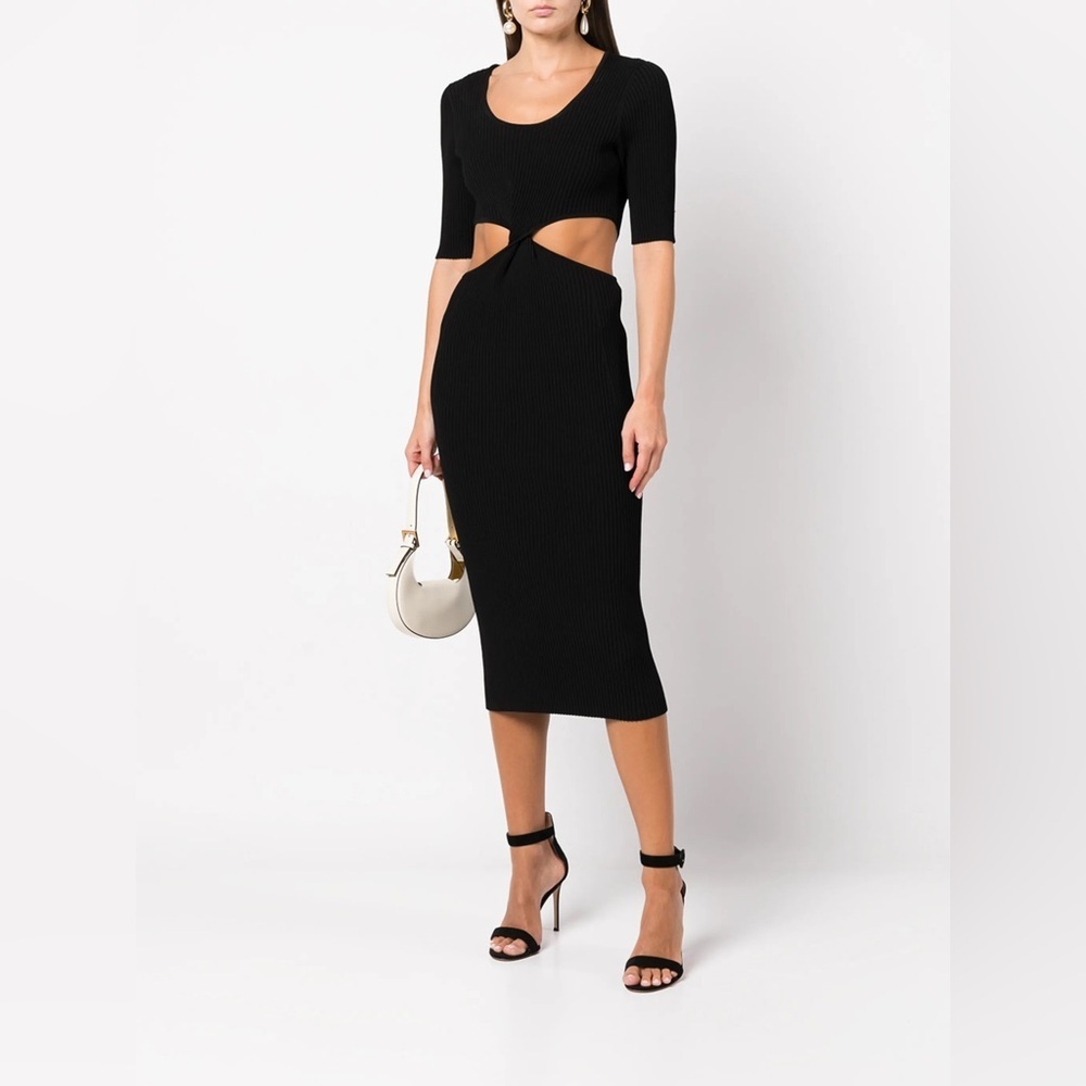 Jonathan Simkhai Colette Black Ribbed Knit Cutout Bodycon Midi Dress Cocktail